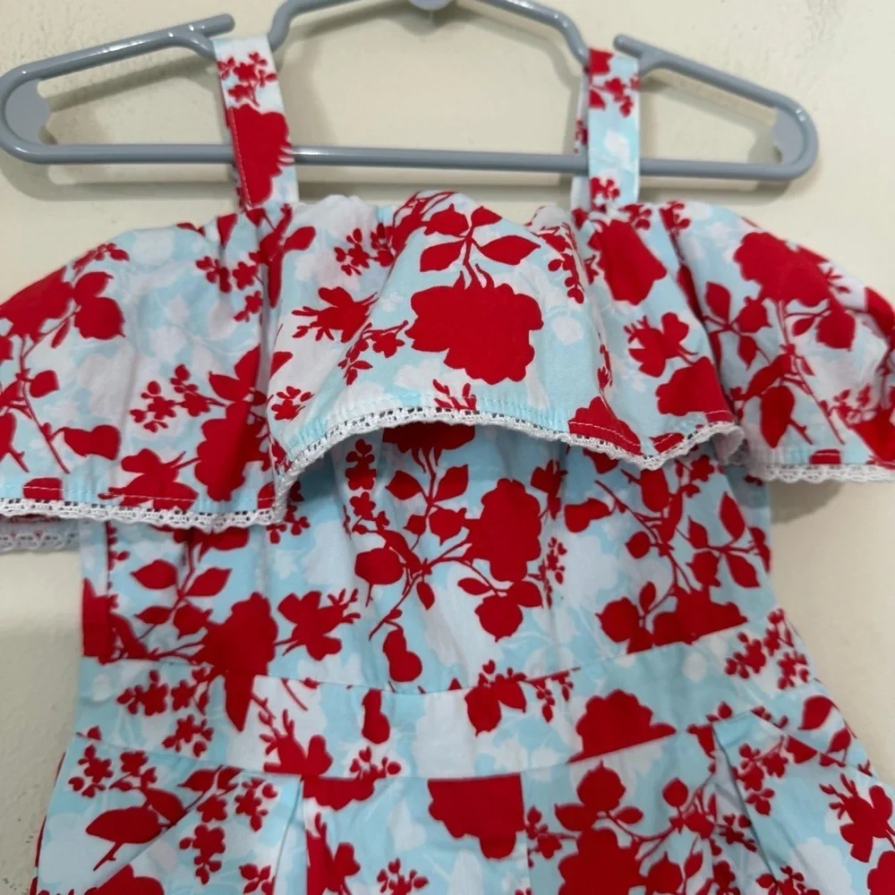Janie and Jack Summer Floral Sky Cold Shoulder Blue and Red Romper 2T